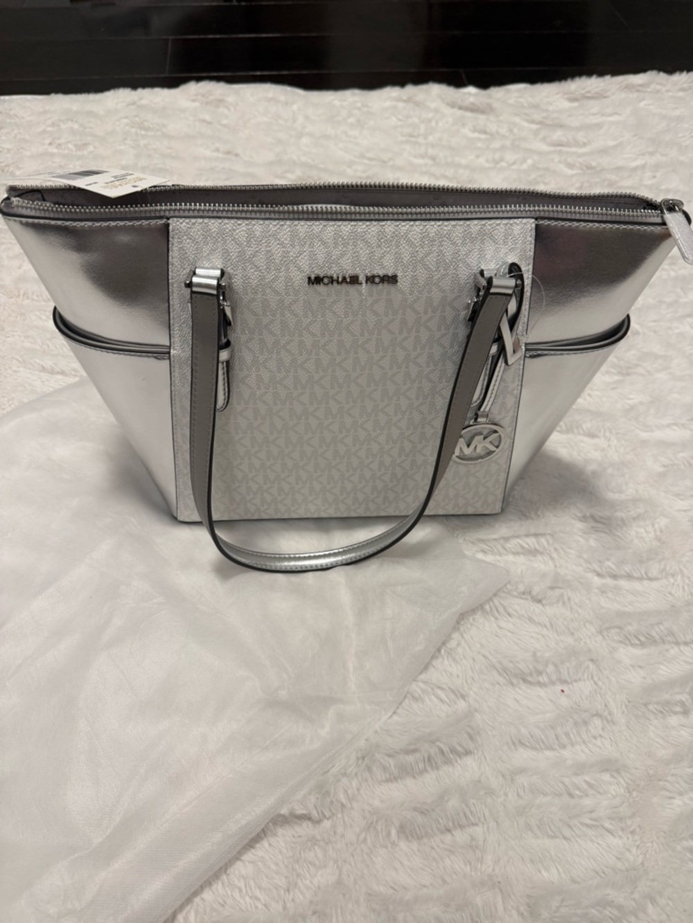 NWT Michael Kors Charlotte Large Signature Logo Silver Metallic Tote Bag